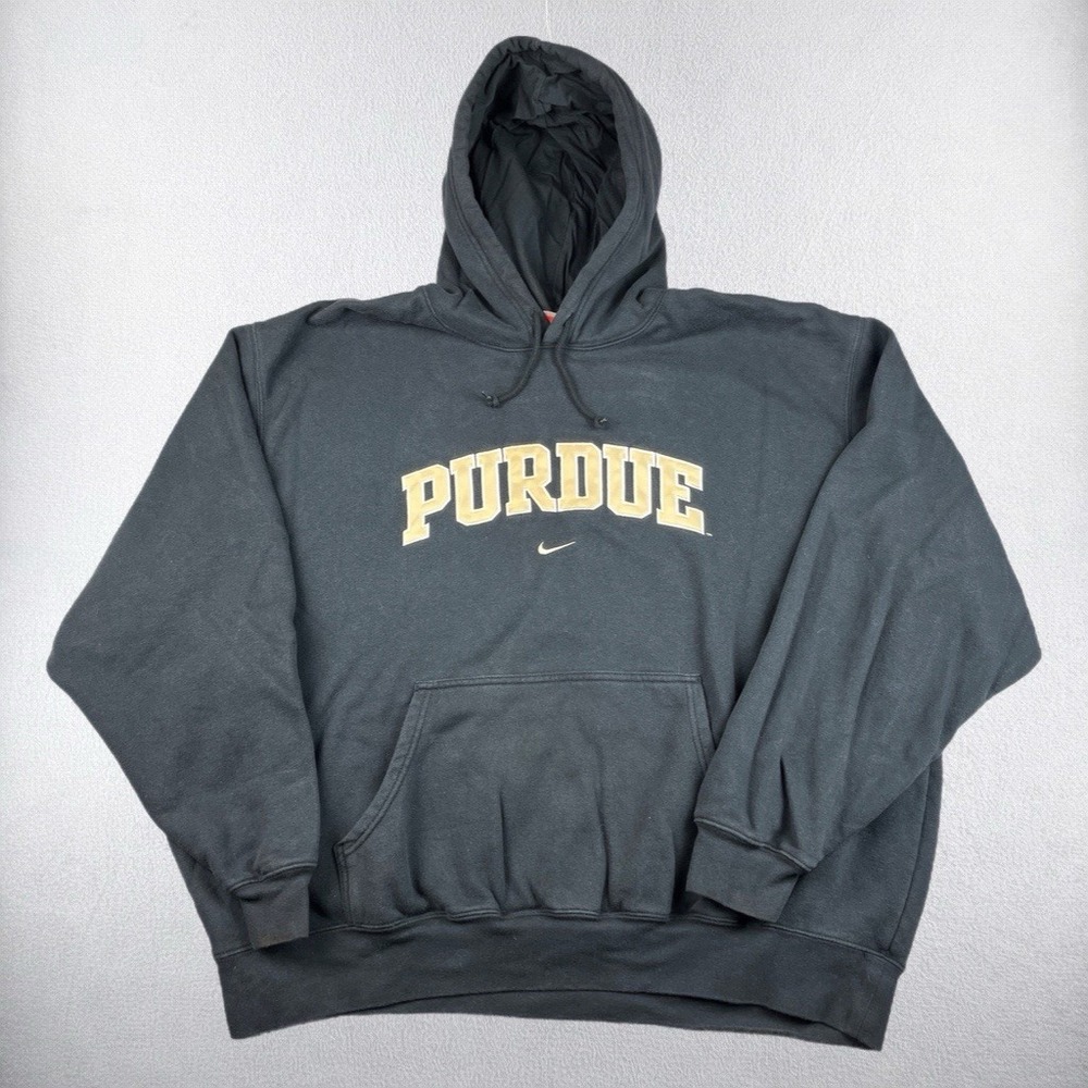 VTG Nike Purdue University Hoodie Mens 2XL Center Swoosh Black Embroidered Y2K